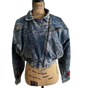 Ruth Douglas 80's Hand Beaded, Acid Wash, Cropped‎ Moto Style Denim Jacket